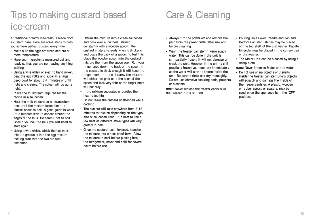 Sunbeam GL5400 manual Tips to making custard based ice-cream, Care & Cleaning 