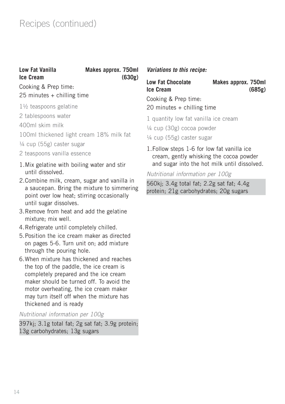 Sunbeam GL5500 manual Low Fat Vanilla, Ice Cream 630g, 100ml thickened light cream 18% milk fat, Low Fat Chocolate 