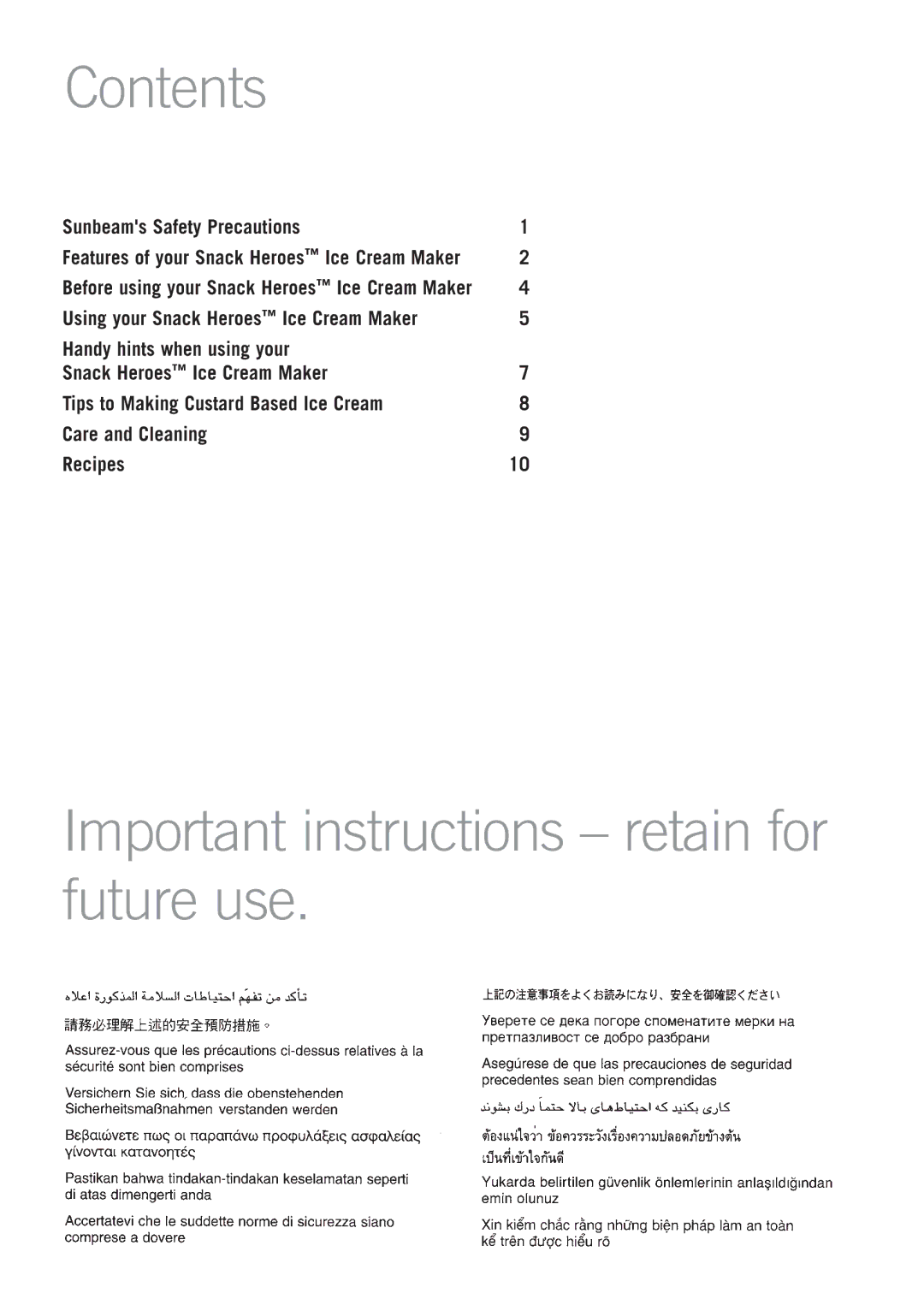 Sunbeam GL5500 manual Contents, Important instructions retain for future use 