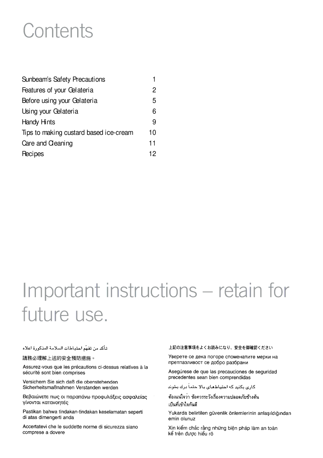 Sunbeam GL8200 manual Contents, Important instructions retain for future use 