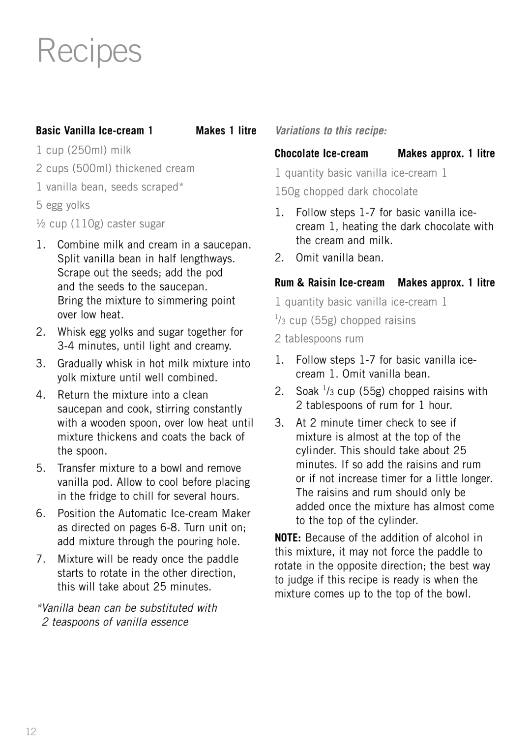Sunbeam GL8200 Recipes, Basic Vanilla Ice-cream, Bring the mixture to simmering point over low heat, Chocolate Ice-cream 