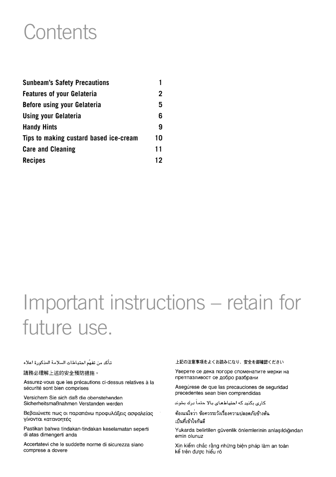 Sunbeam GL8200 manual Contents, Important instructions retain for future use 