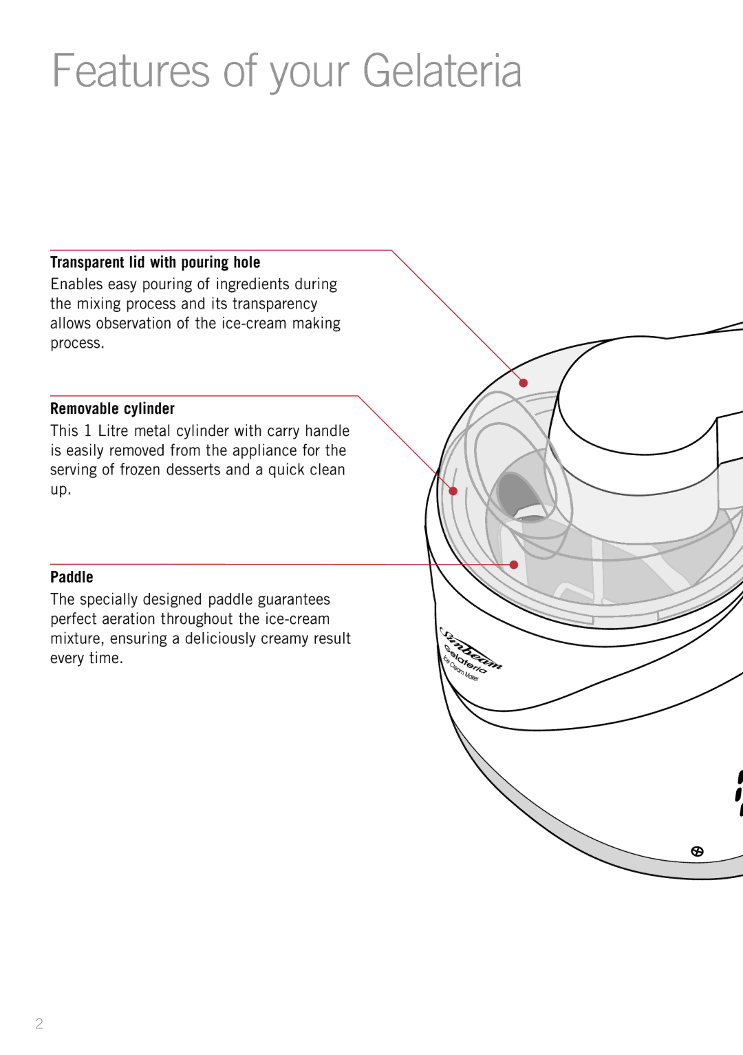 Sunbeam GL8200 manual Features of your Gelateria, Transparent lid with pouring hole, Removable cylinder, Paddle 