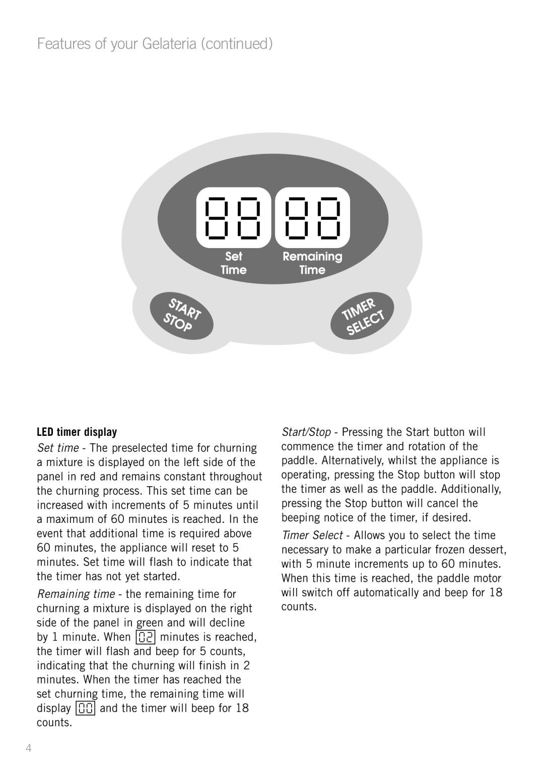 Sunbeam GL8200 manual Features of your Gelateria, LED timer display 