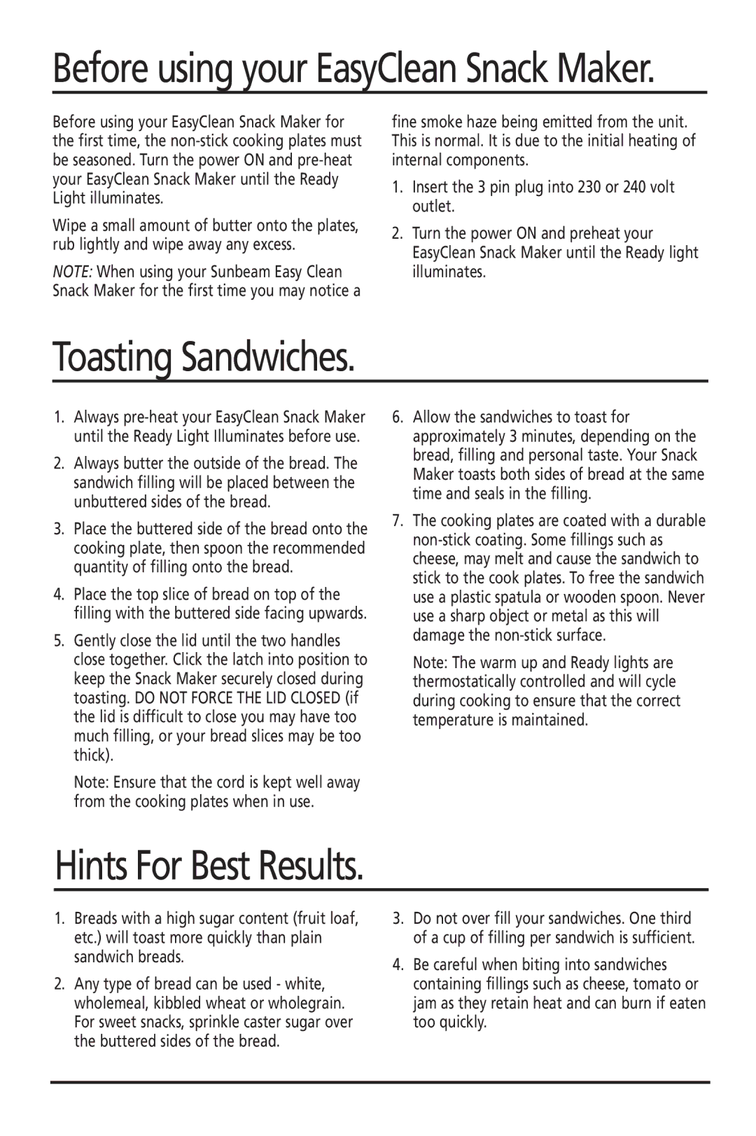 Sunbeam GR6200, GR6110, GR6400 manual Toasting Sandwiches, Hints For Best Results 