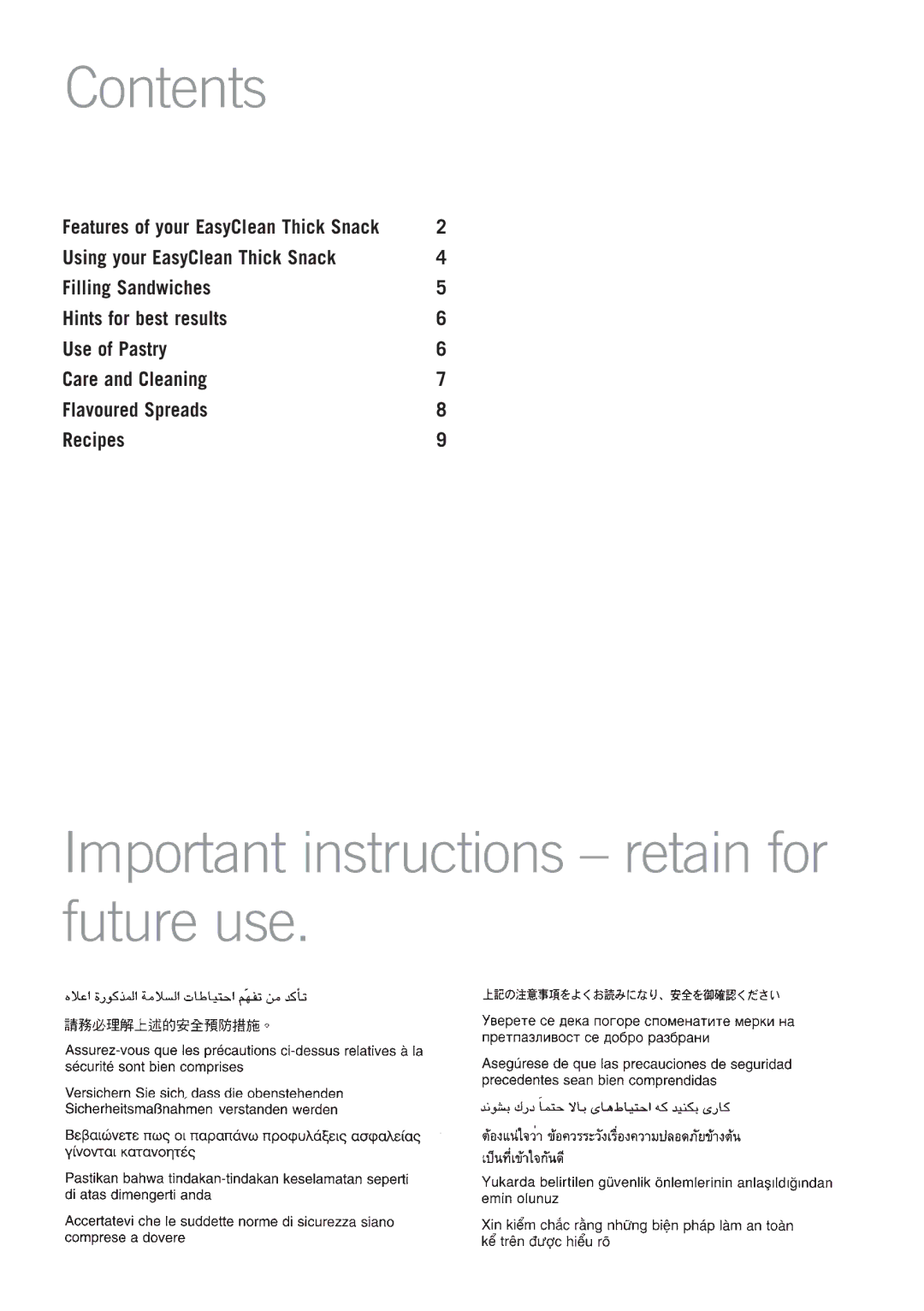 Sunbeam GR7250 manual Contents, Important instructions retain for future use 