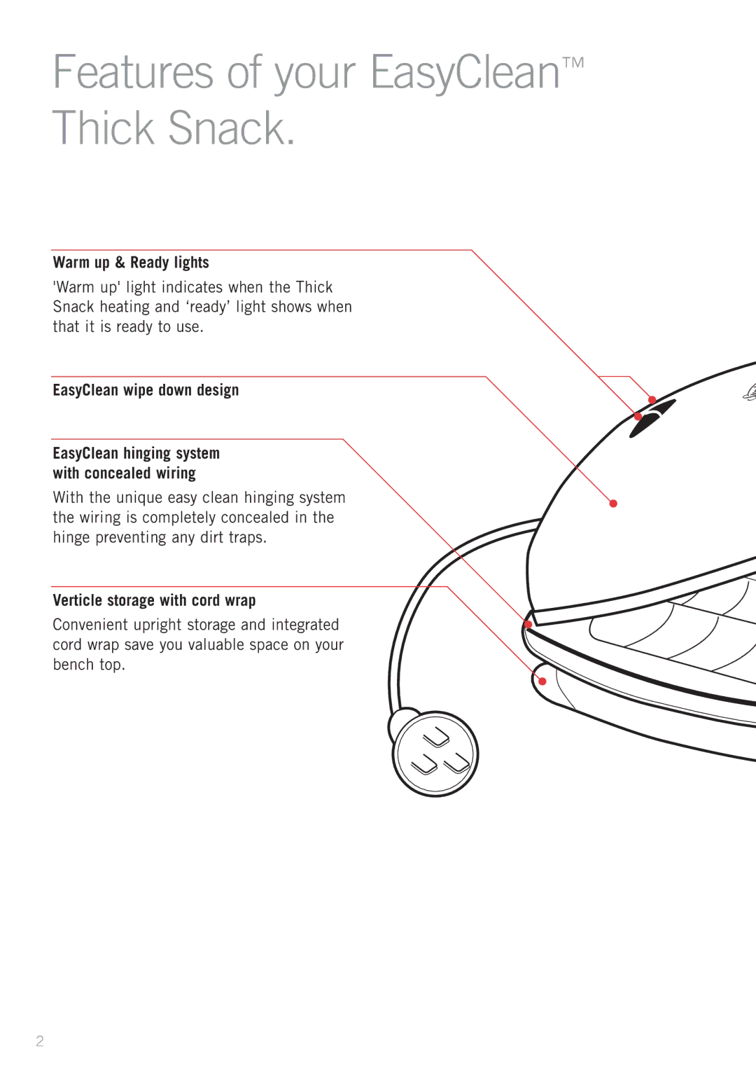 Sunbeam GR7250 manual Features of your EasyClean Thick Snack, Warm up & Ready lights, EasyClean wipe down design 