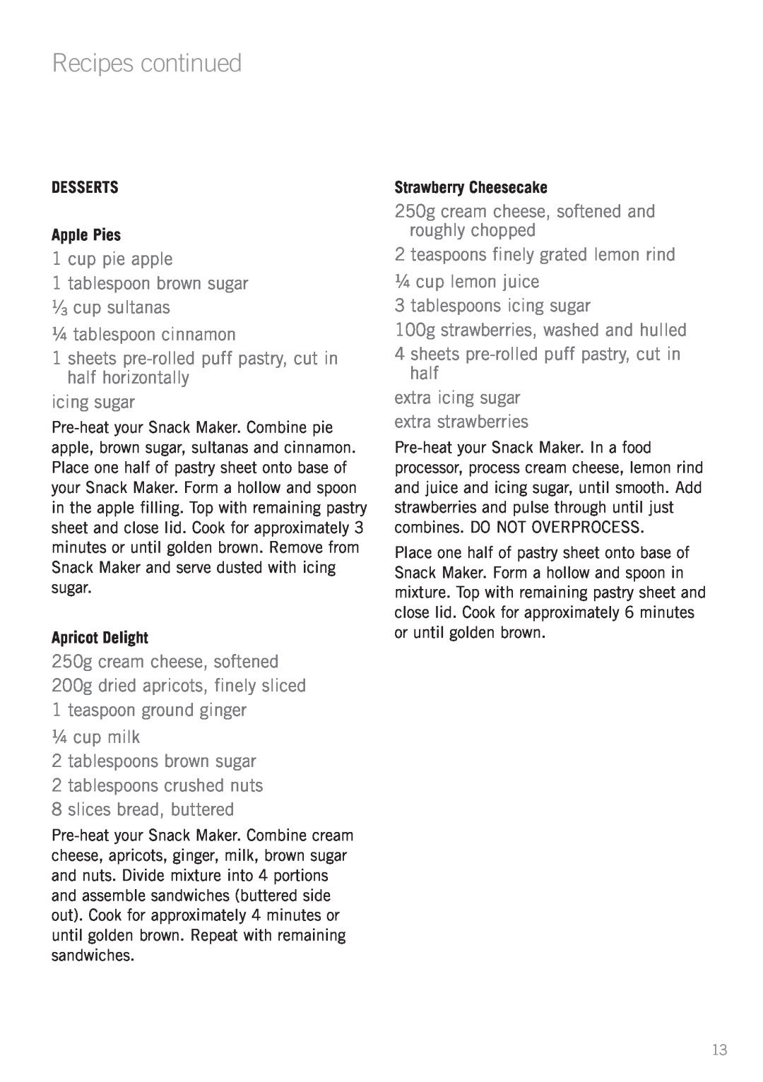 Sunbeam GR7250 manual Recipes continued, cup pie apple 
