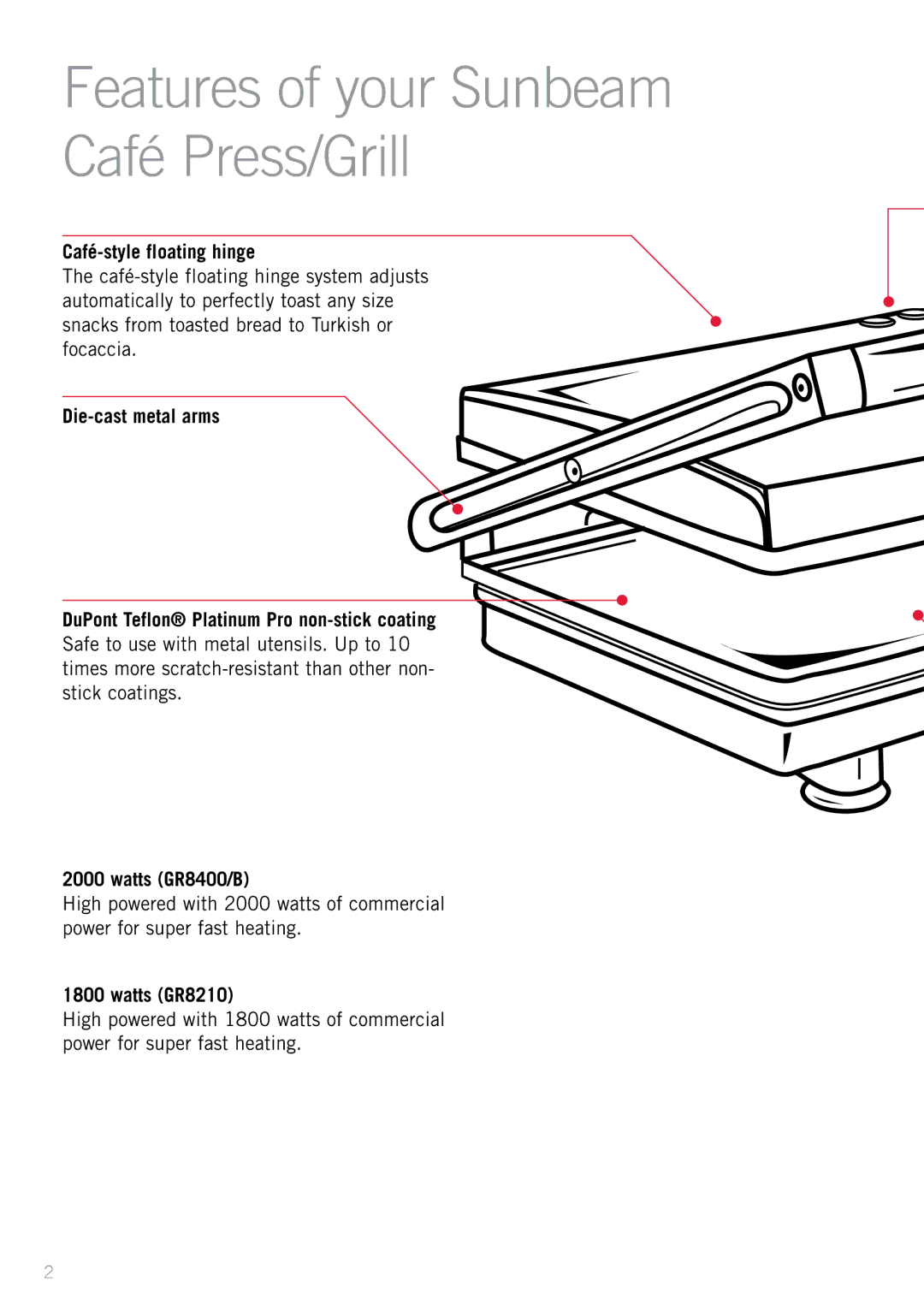 Sunbeam GR8400B manual Café-style floating hinge, Watts GR8210 