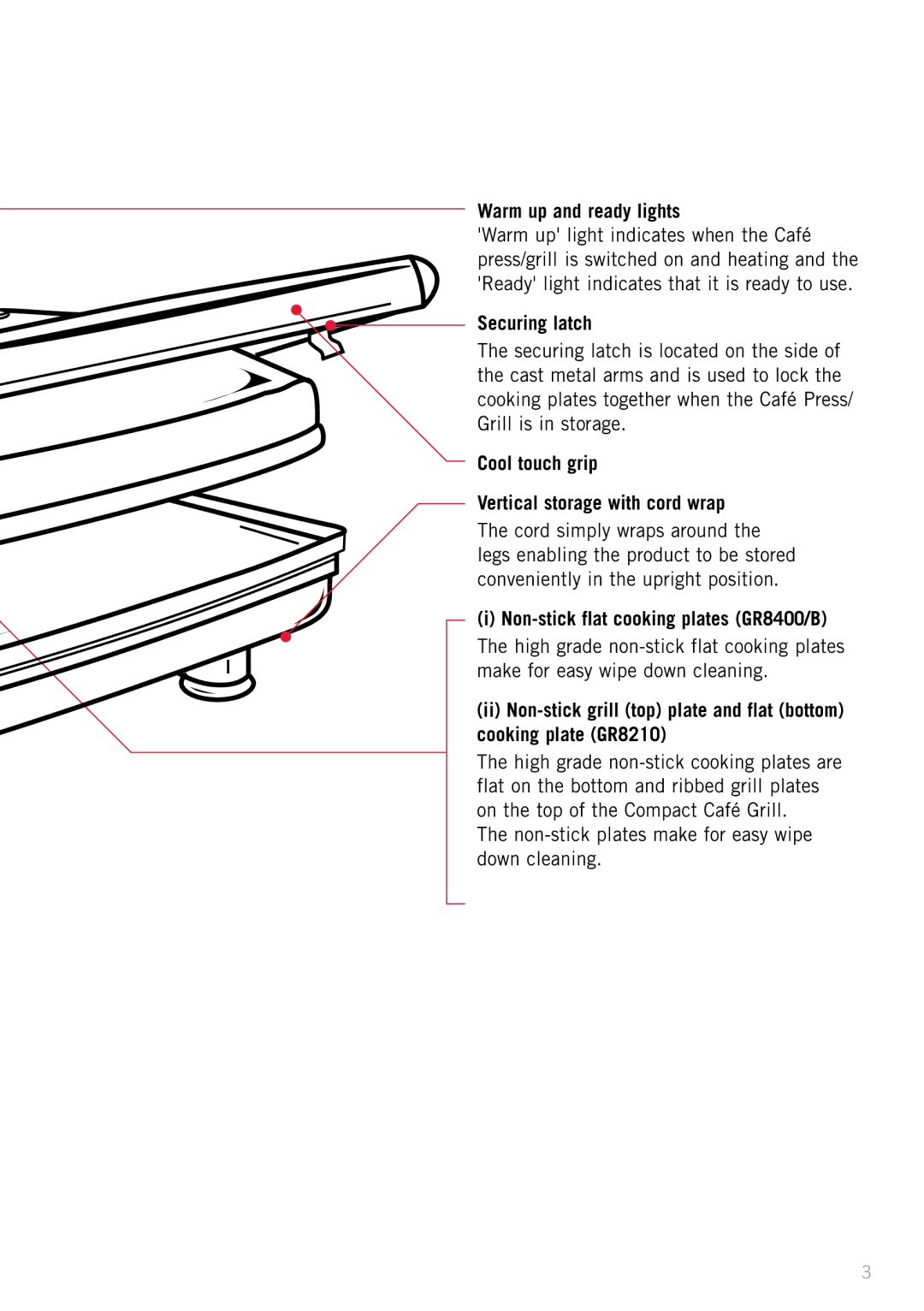 Sunbeam GR8400B, GR8210 manual Warm up and ready lights, Securing latch, Cool touch grip Vertical storage with cord wrap 