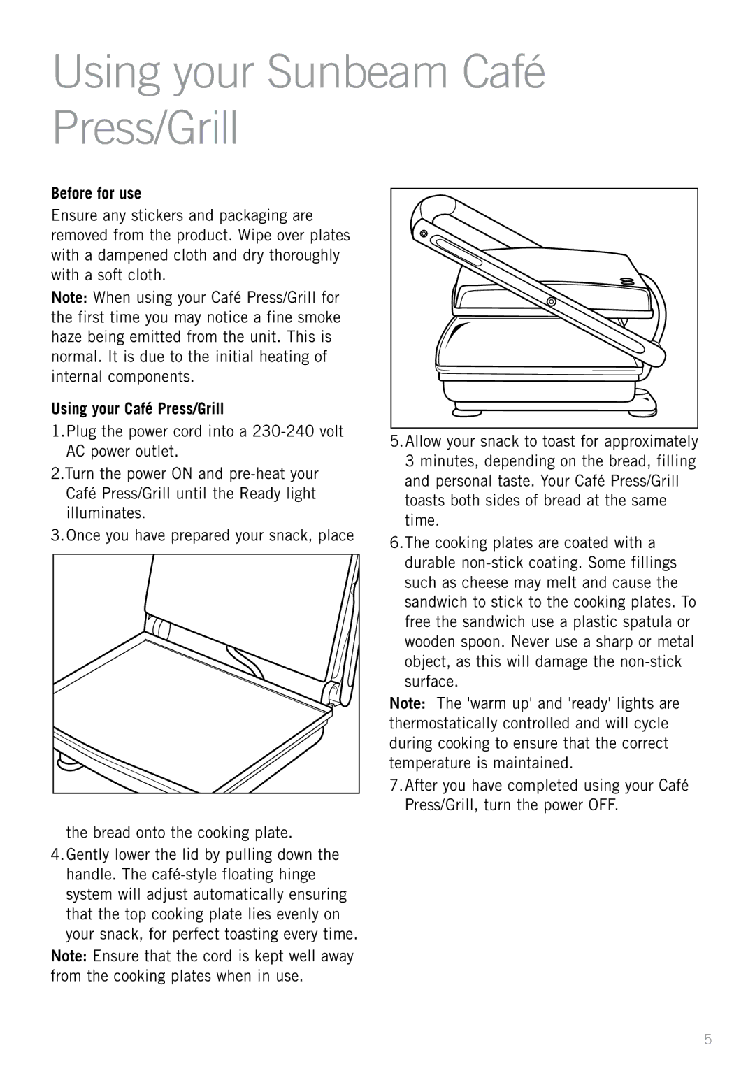 Sunbeam GR8210, GR8400B manual Using your Sunbeam Café Press/Grill, Before for use, Using your Café Press/Grill 