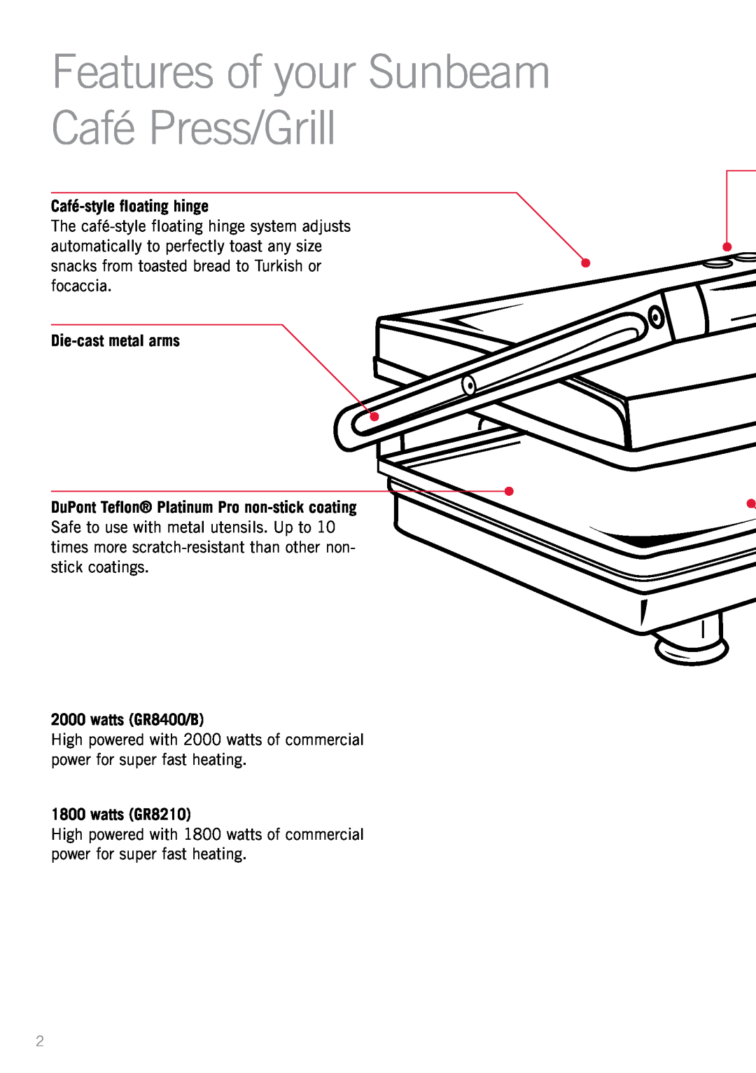 Sunbeam GR8400B manual Café-stylefloating hinge, Die-castmetal arms, watts GR8400/B, watts GR8210 