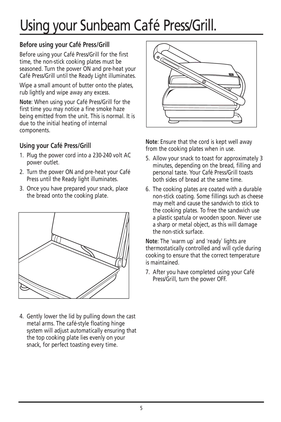 Sunbeam GR8410, GR8400, GR8210 manual Before using your Café Press/Grill, Using your Café Press/Grill 