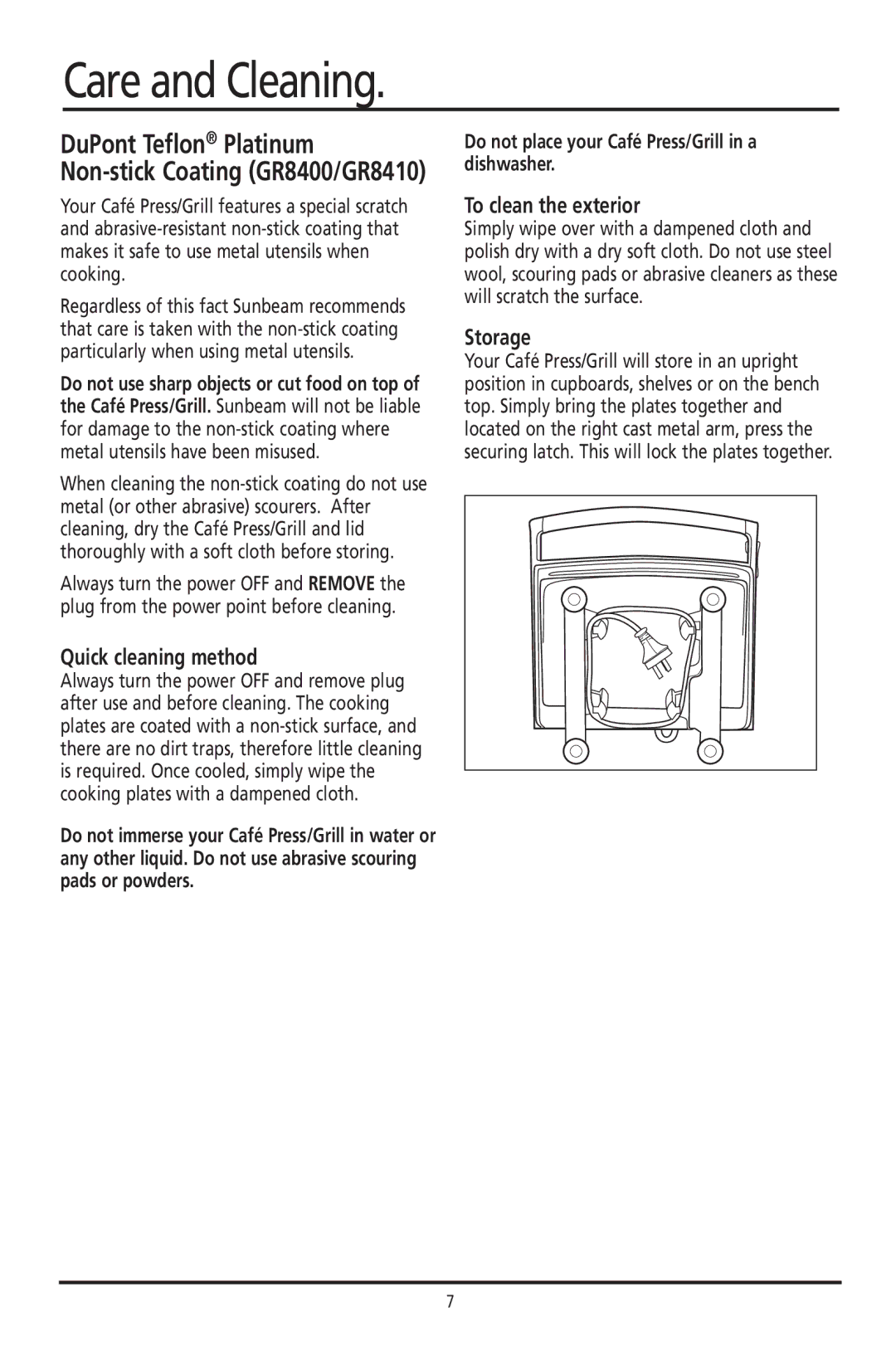 Sunbeam GR8210 Care and Cleaning, DuPont Teflon Platinum Non-stick Coating GR8400/GR8410, Quick cleaning method, Storage 
