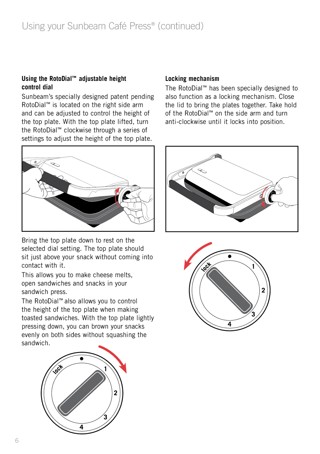 Sunbeam GR8250B, GR8450B manual Using the RotoDial adjustable height control dial, Locking mechanism 