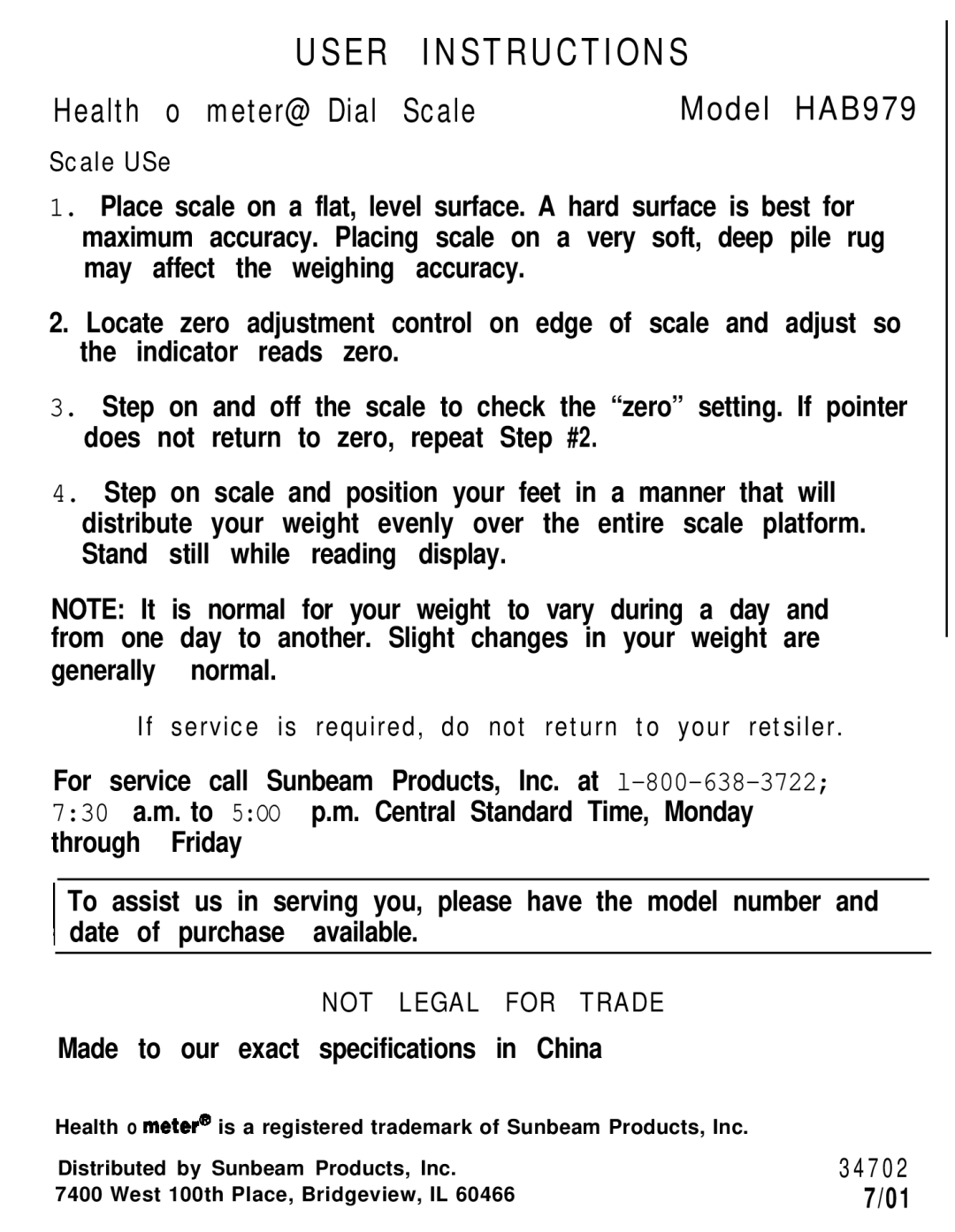 Sunbeam specifications User Instructions, Health o meter@ Dial Scale, Model HAB979 