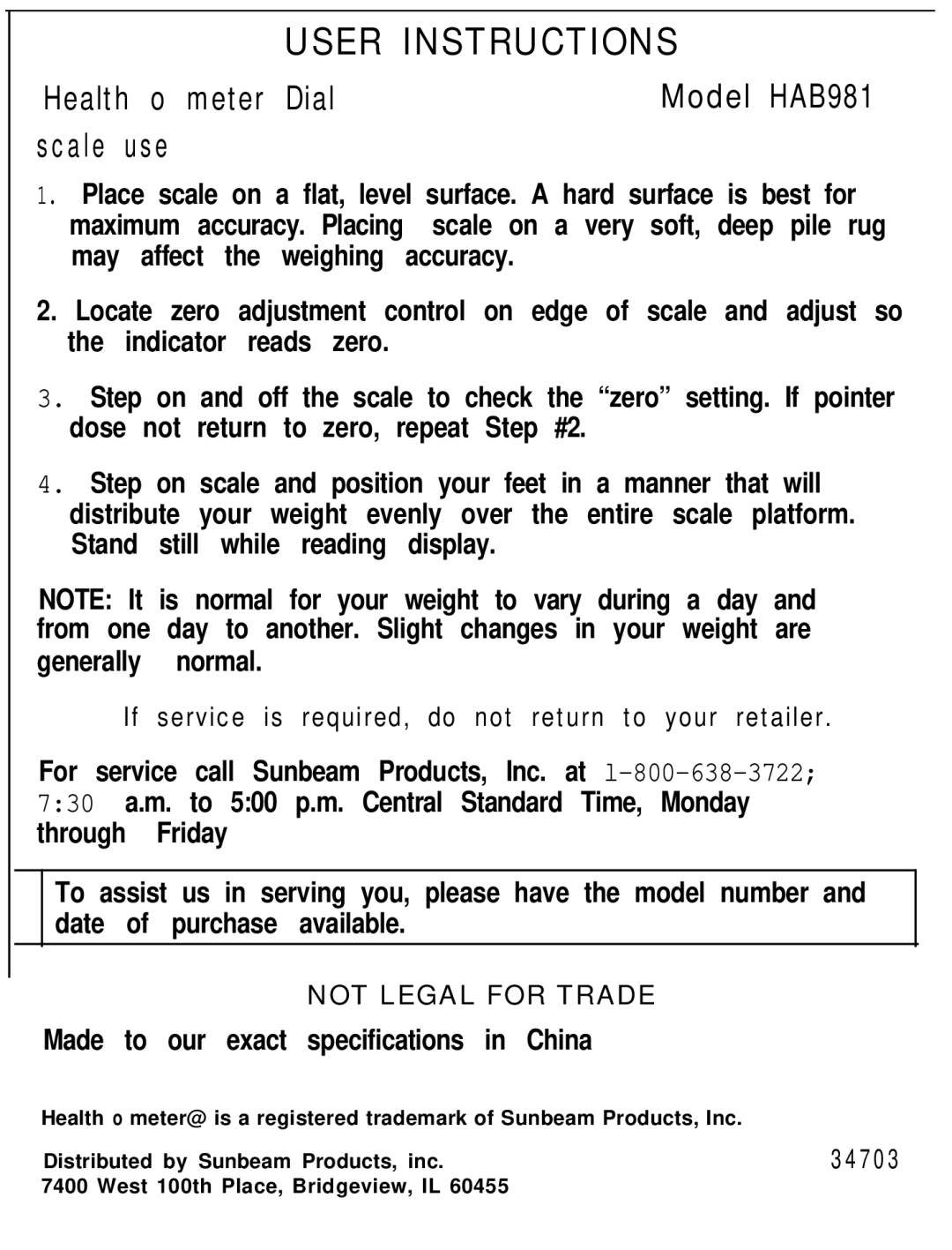 Sunbeam HAB981 specifications User Instructions, Health o meter Dial Scale, Scale use 