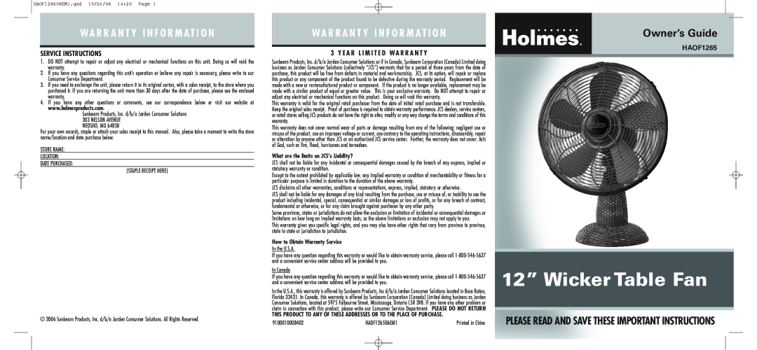 Sunbeam HAOF1265 warranty Service Instructions, What are the limits on JCS’s Liability?, How to Obtain Warranty Service 