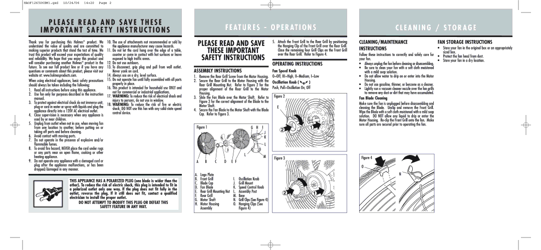 Sunbeam HAOF1265 warranty Operating Instructions CLEANING/MAINTENANCE, FAN Storage Instructions, Assembly Instructions 