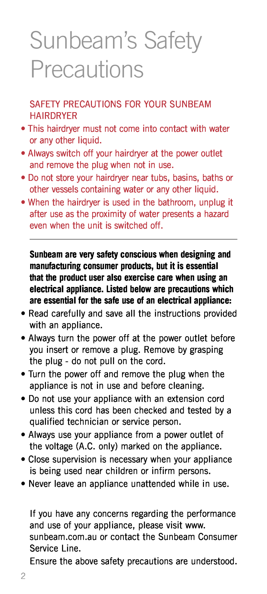 Sunbeam HD1600 manual Sunbeam’s Safety Precautions 
