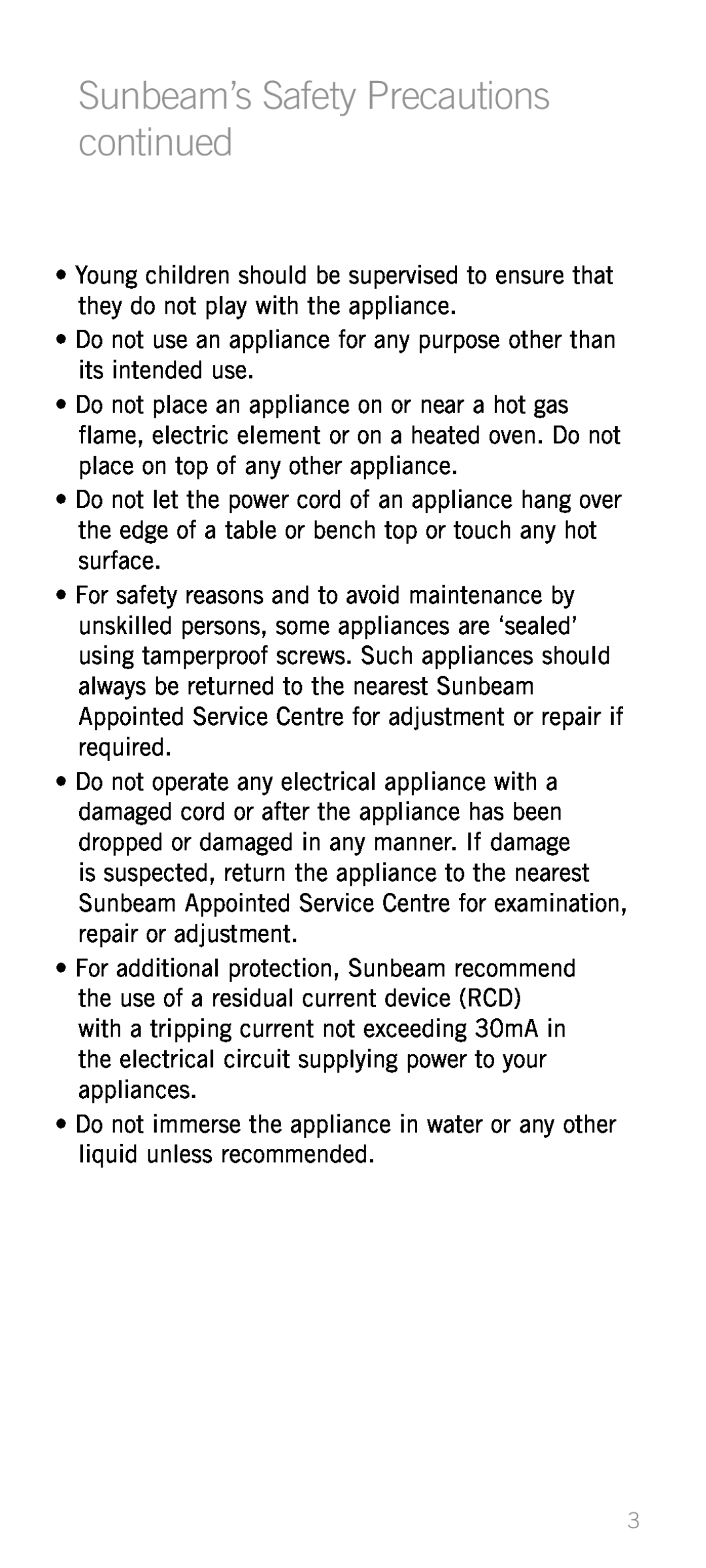 Sunbeam HD1600 manual Sunbeam’s Safety Precautions continued 