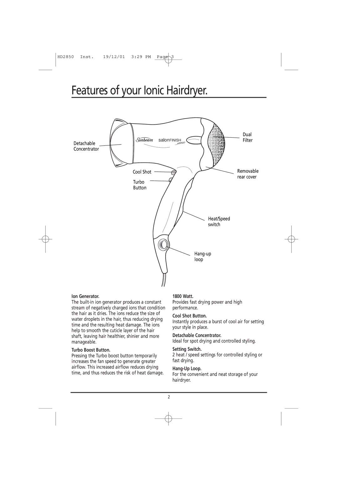 Sunbeam HD2850 manual Features of your Ionic Hairdryer, Ion Generator Watt 