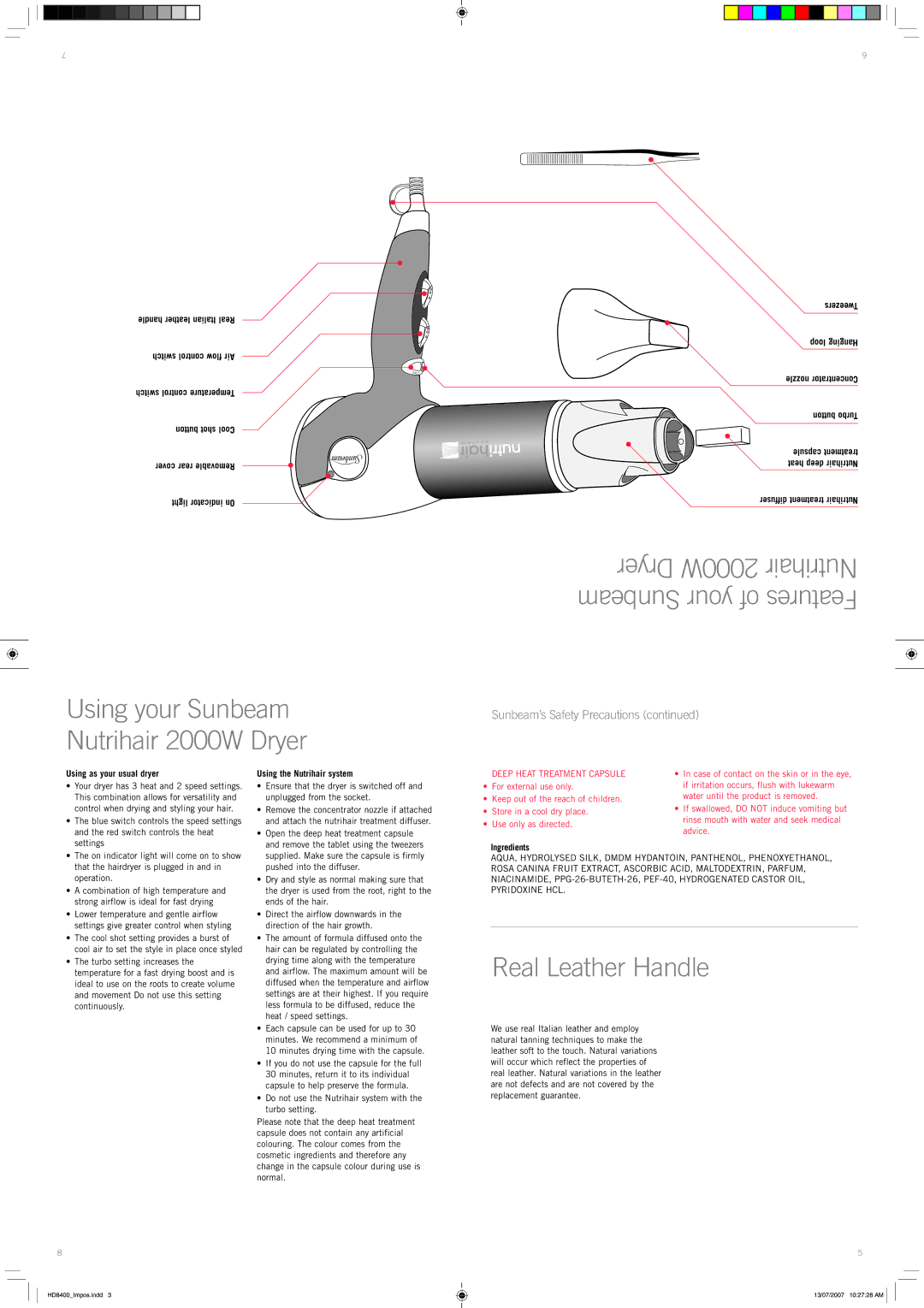 Sunbeam HD8400 manual Dryer 2000W Nutrihair Sunbeam your of Features, Real Leather Handle 