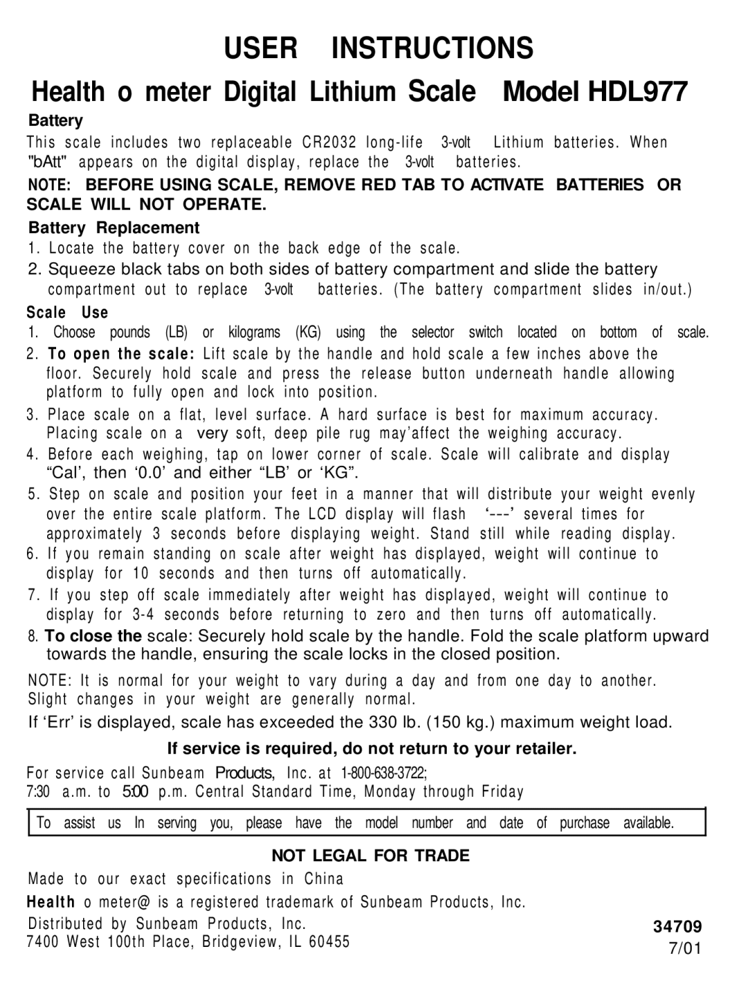 Sunbeam HDL977 specifications Battery Replacement, Scale Use, If service is required, do not return to your retailer 