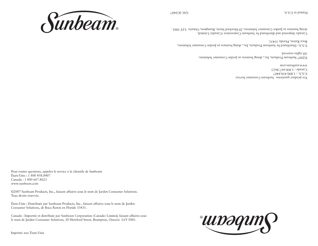 Sunbeam HDX23-33 user manual 