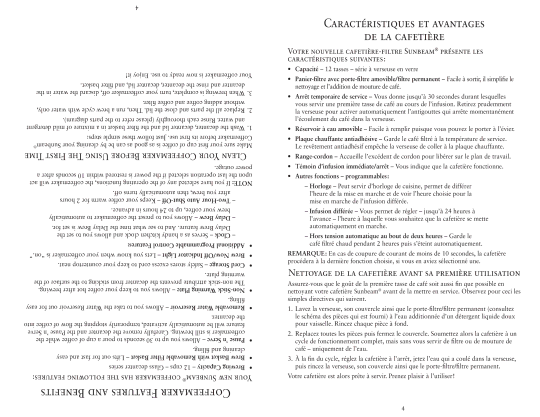 Sunbeam HDX23-33 user manual Caractéristiques ET Avantages, DE LA Cafetière, Autres fonctions programmables 