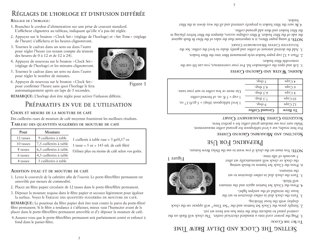 Sunbeam HDX23-33 Réglages DE L’HORLOGE ET D’INFUSION Différée, Préparatifs EN VUE DE L’UTILISATION, Pour Mouture 