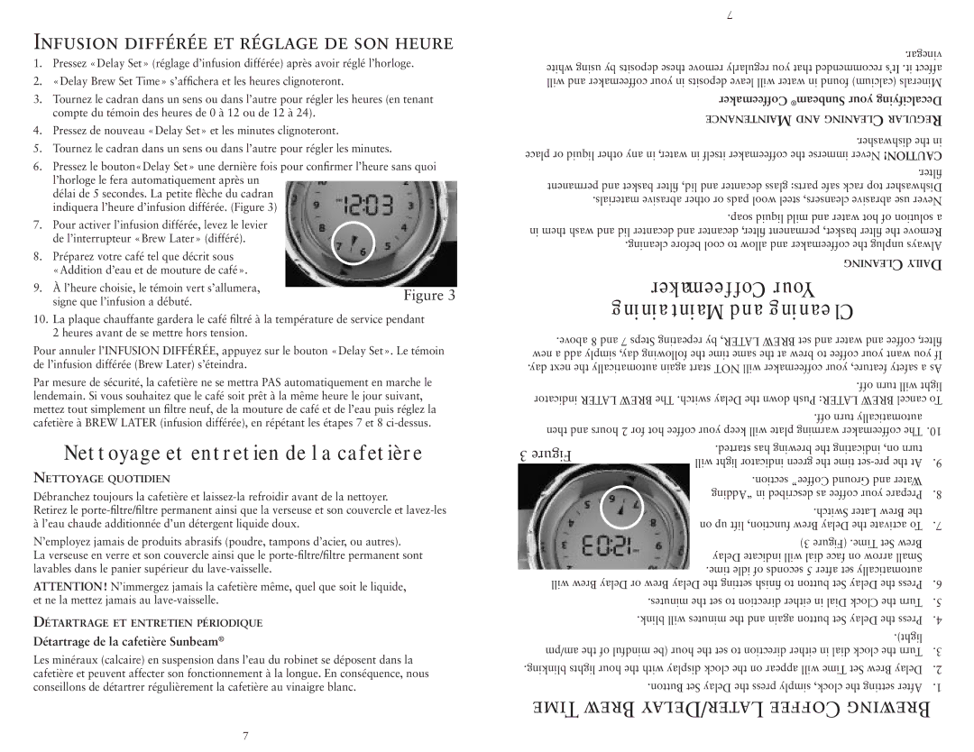 Sunbeam HDX23-33 user manual Infusion Différée ET Réglage DE SON Heure, Time Brew LATER/DELAY Coffee Brewing 