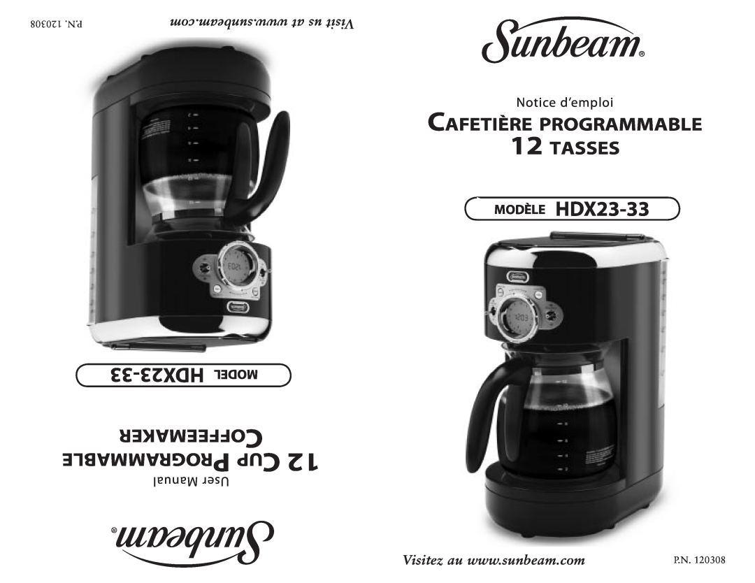 Sunbeam user manual com.sunbeam.www at us Visit, MODÈLE HDX23-33, 33-HDX23 MODEL, Cafetière programmable 12 tasses 
