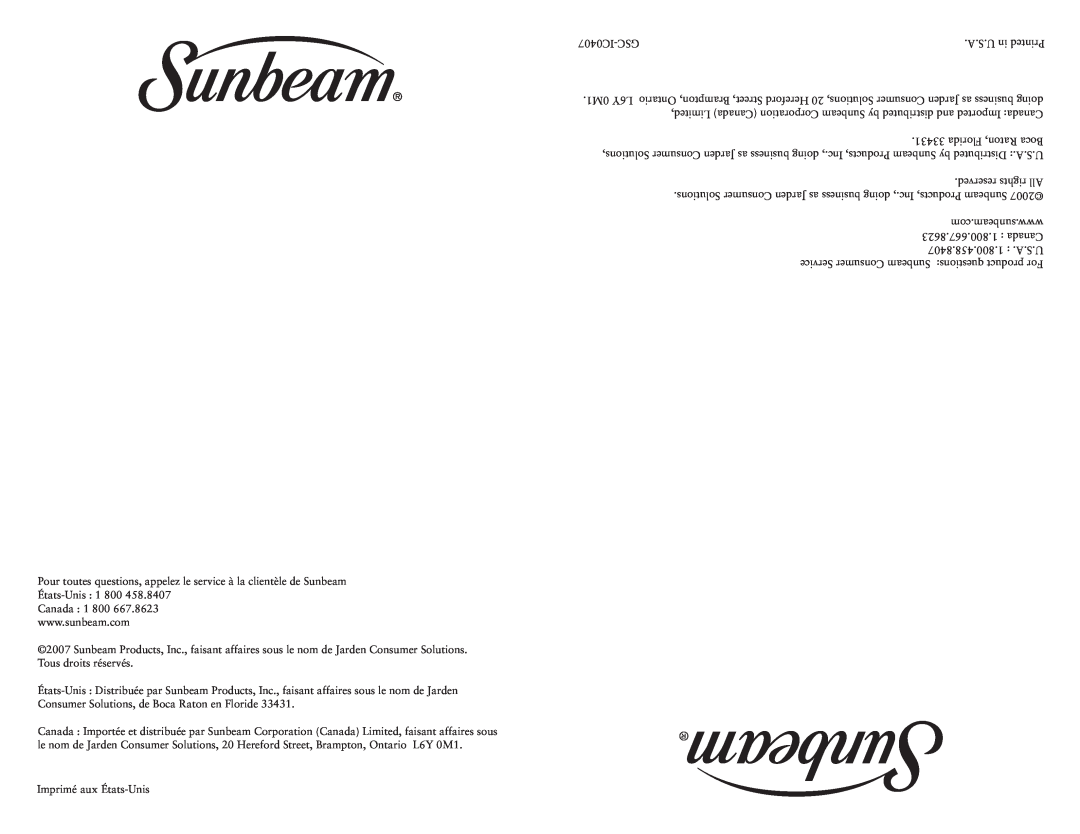 Sunbeam HDX23-33 IC0407-GSC, A.S.U in Printed, Solutions, Consumer Jarden as business doing, Florida Raton, Boca, Canada 