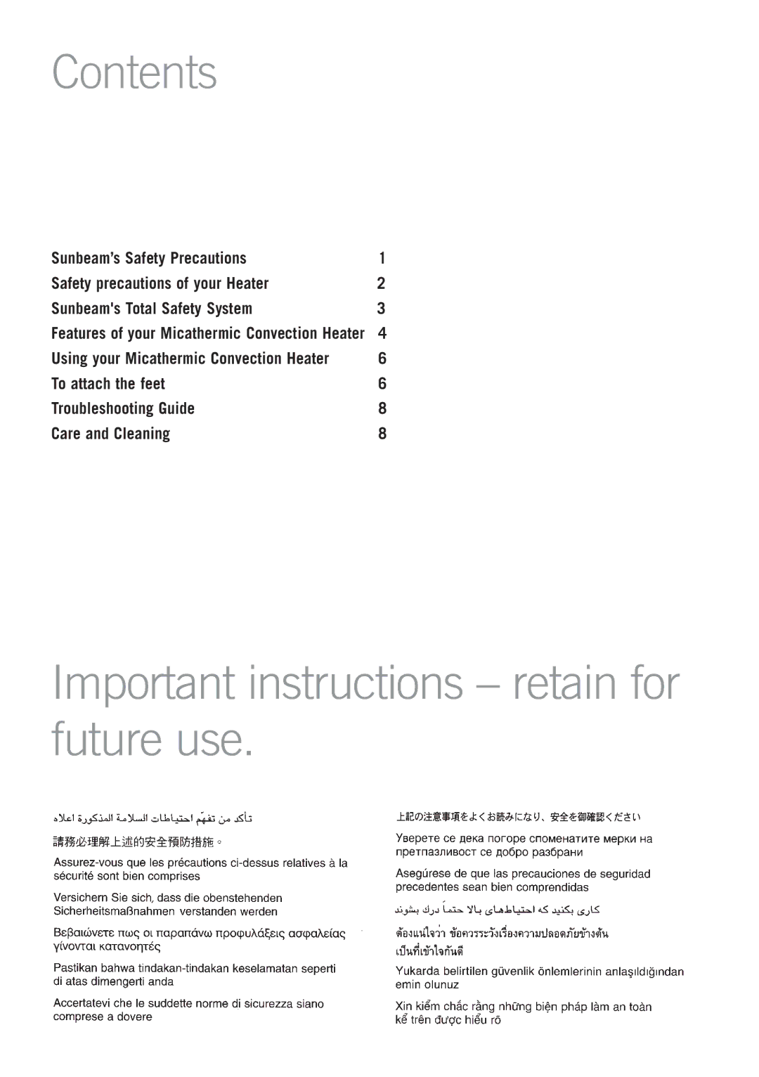 Sunbeam HE4100 manual Contents, Important instructions retain for future use 