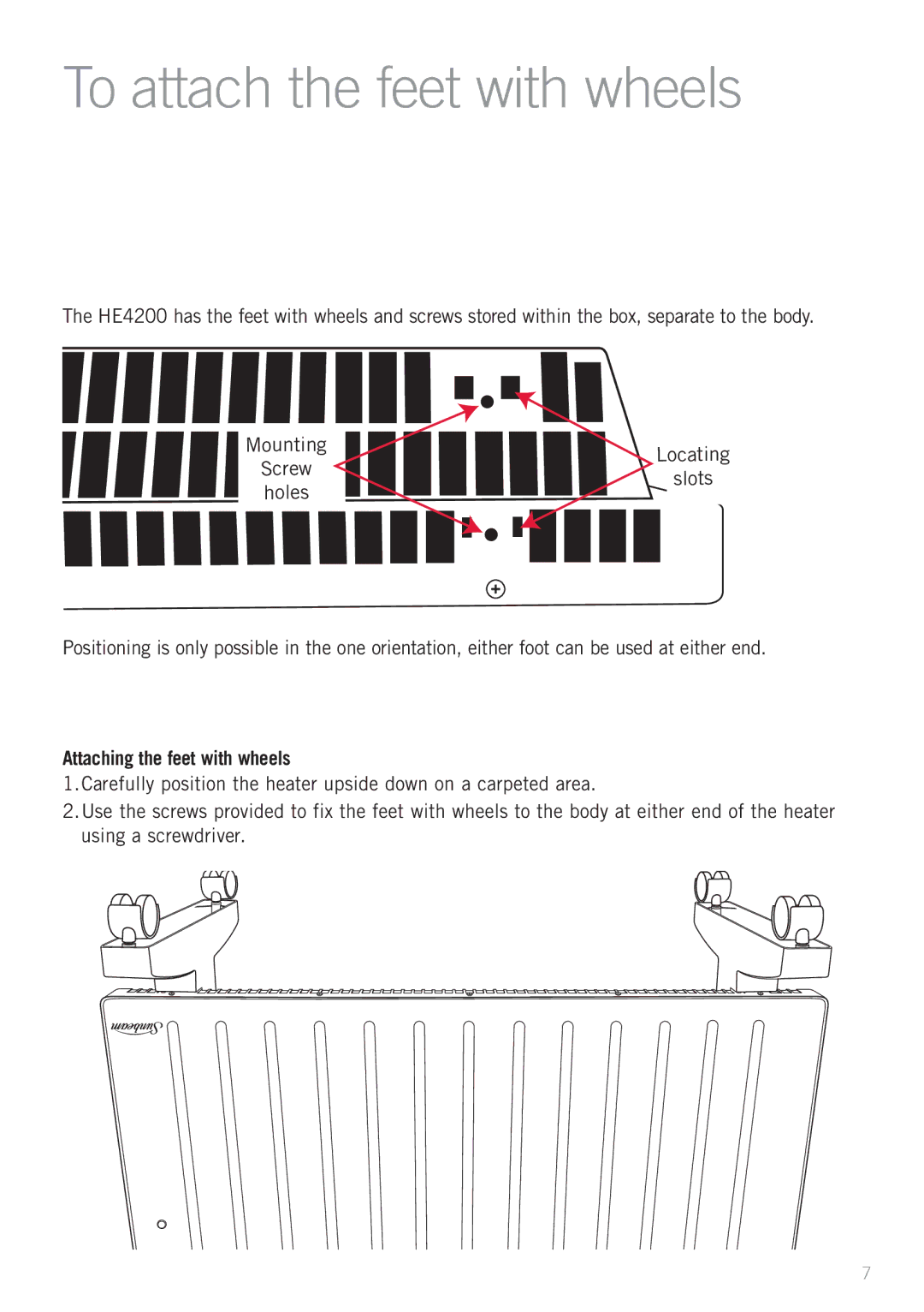 Sunbeam HE4200 manual To attach the feet with wheels, Attaching the feet with wheels 