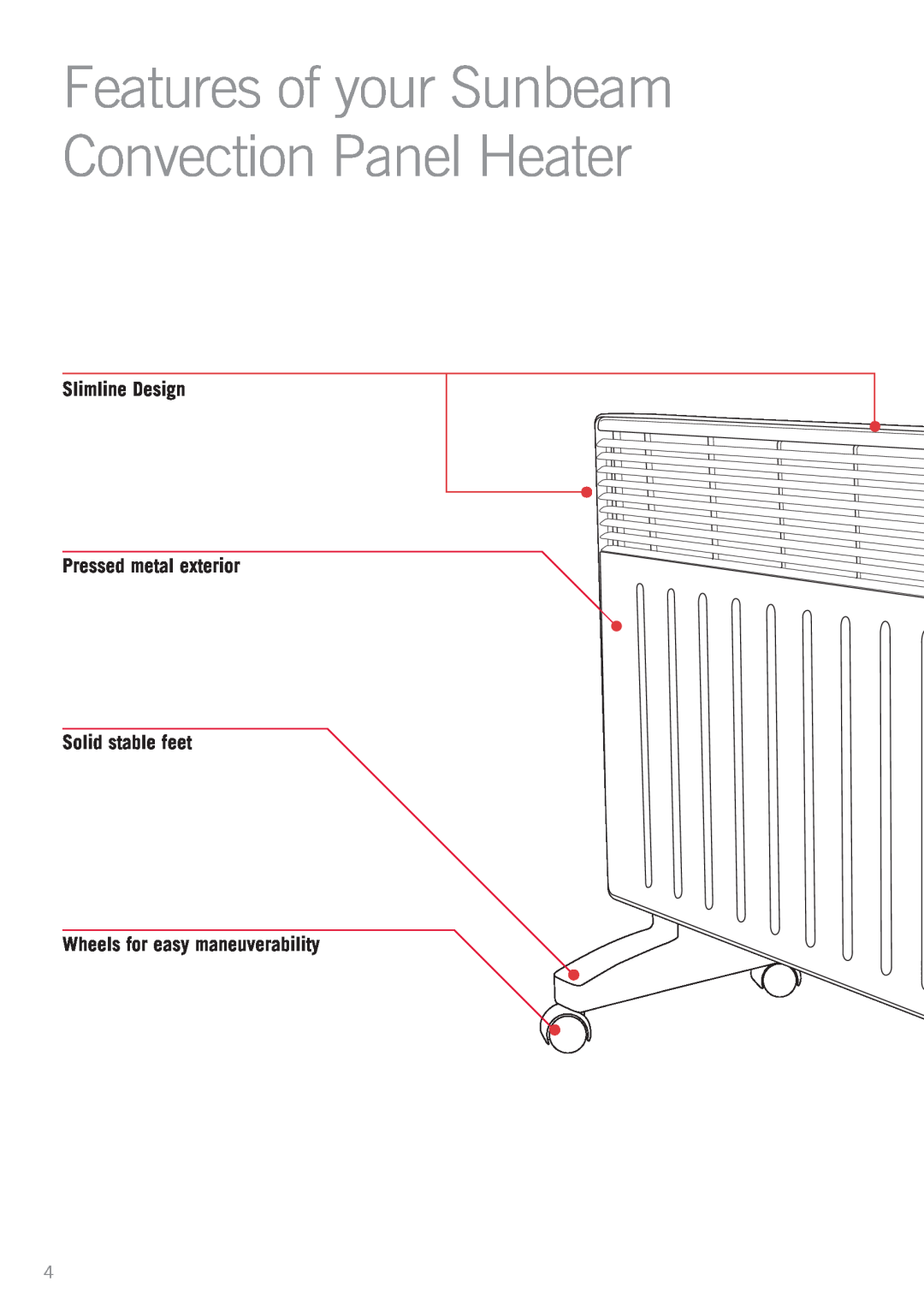 Sunbeam HE4200 manual Features of your Sunbeam Convection Panel Heater, Slimline Design Pressed metal exterior 