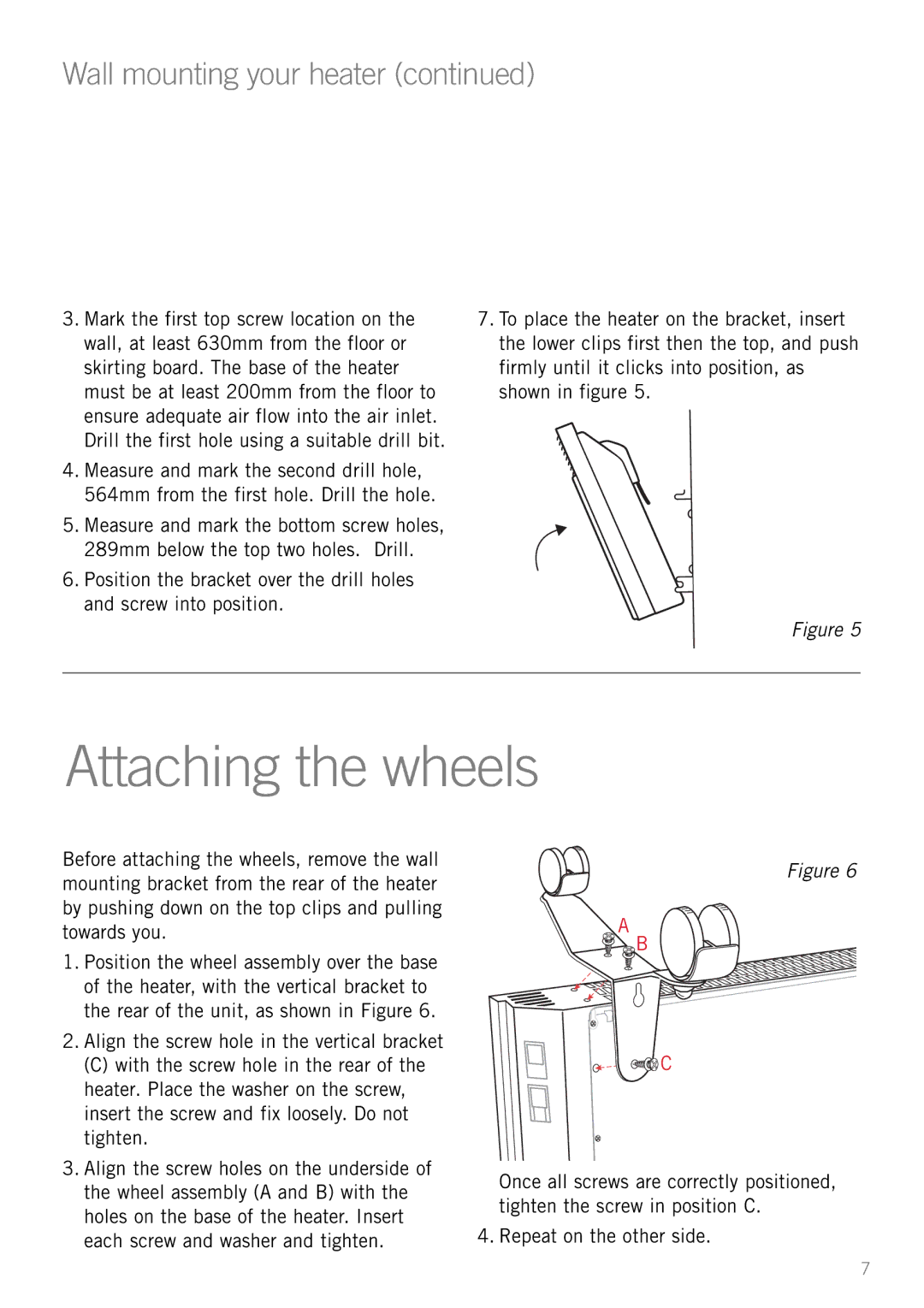 Sunbeam HE4900 manual Attaching the wheels, Wall mounting your heater 