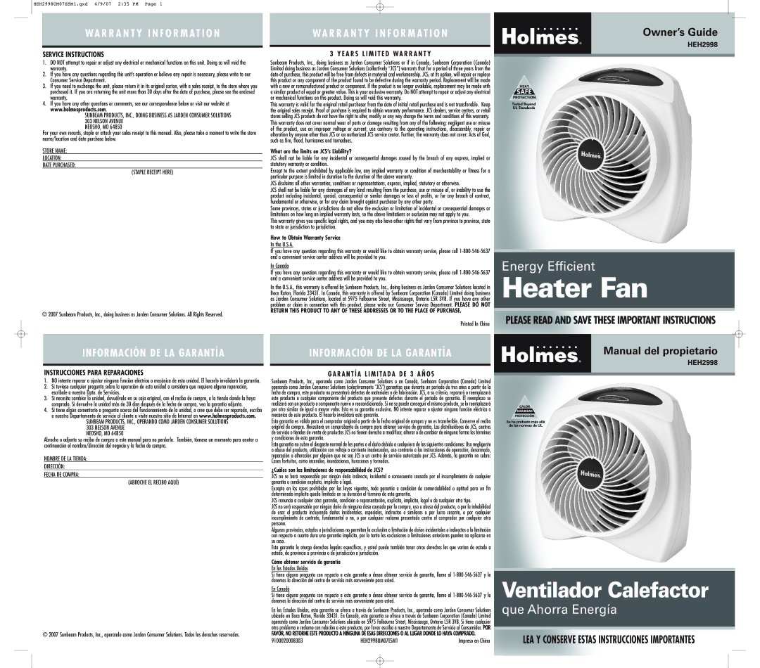 Sunbeam HEH2998 warranty Service Instructions, Instrucciones Para Reparaciones 