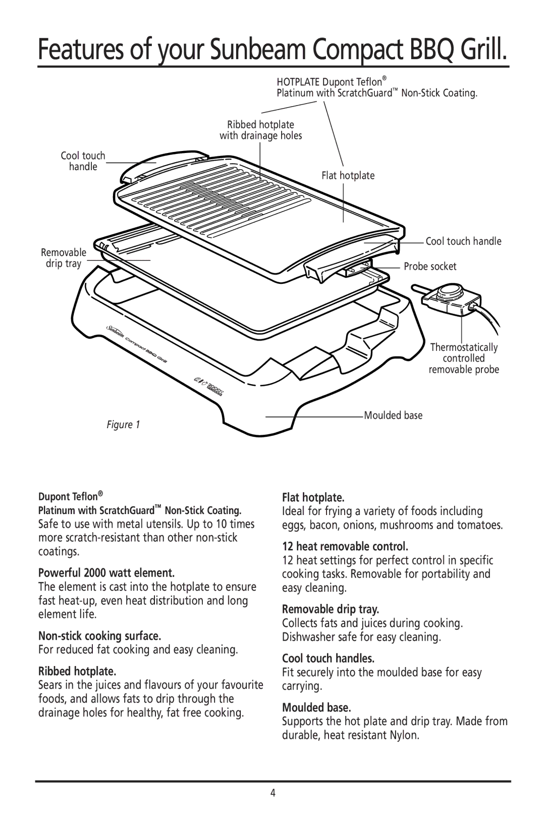 Sunbeam HG030 manual Features of your Sunbeam Compact BBQ Grill, Dupont Teflon 