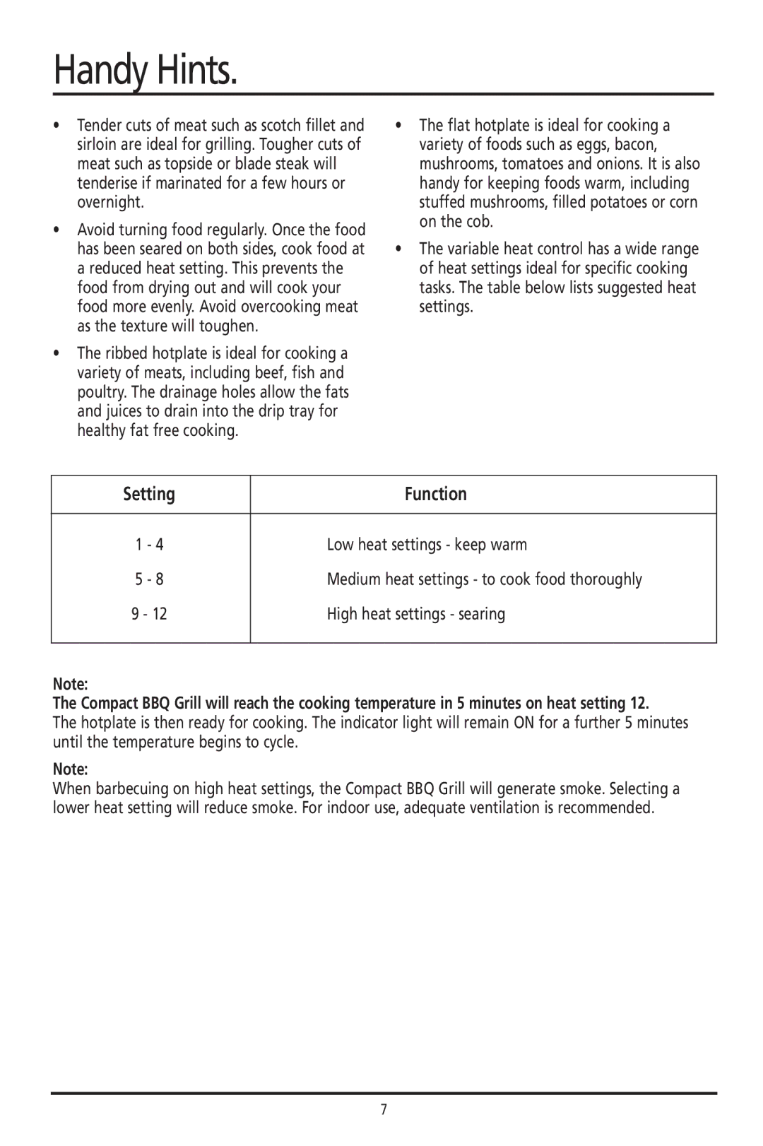 Sunbeam HG030 manual Handy Hints, Setting Function 