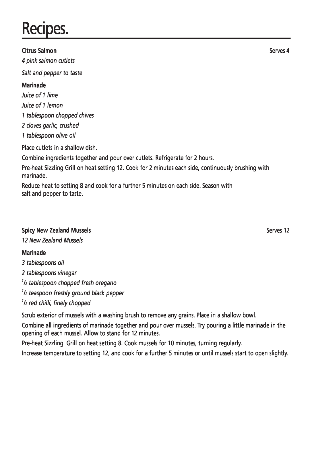 Sunbeam HG2300 manual Recipes, Citrus Salmon, Marinade, Spicy New Zealand Mussels 