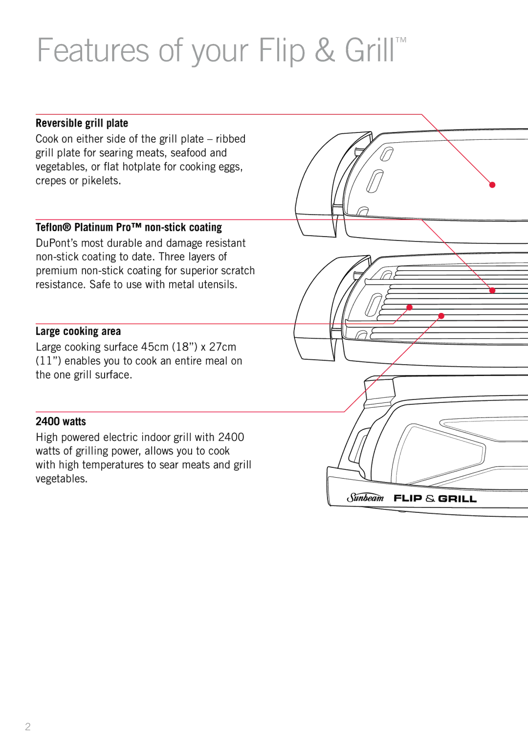 Sunbeam HG3200 manual Features of your Flip & Grill, Reversible grill plate, Teflon Platinum Pro non-stick coating, Watts 