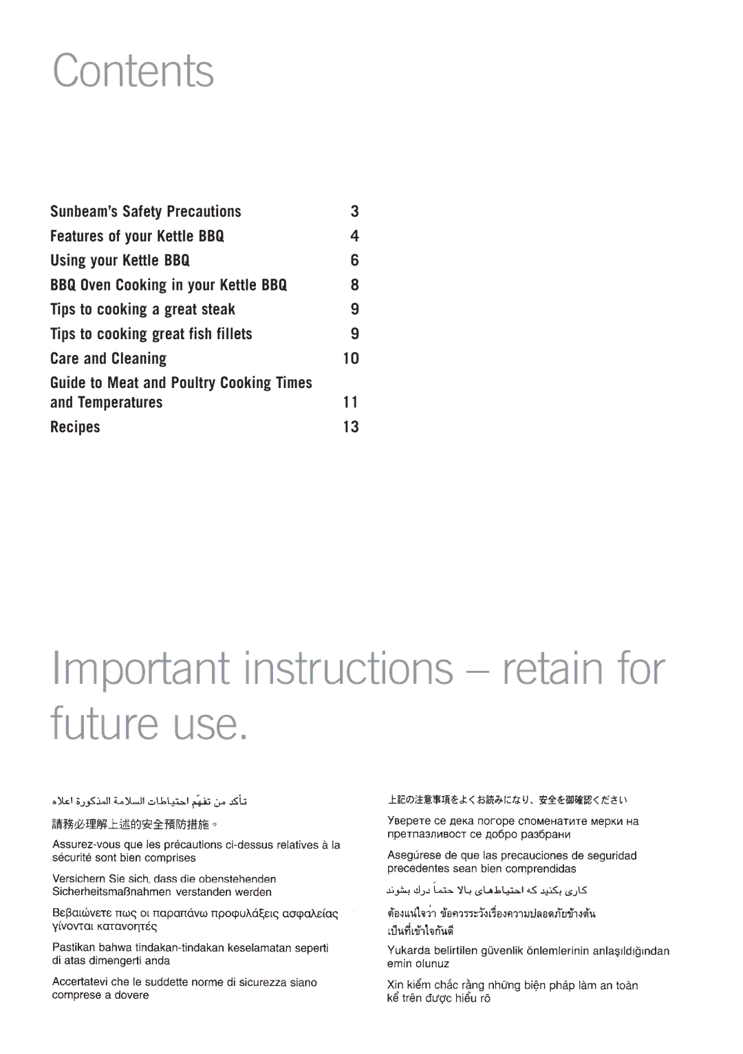 Sunbeam HG5400 manual Contents, Important instructions retain for future use 