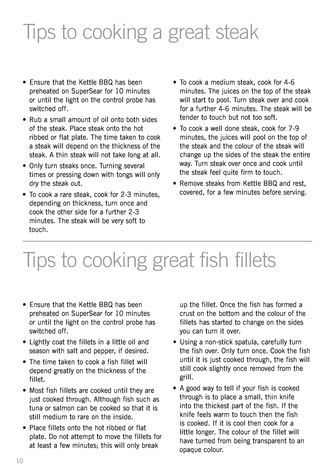 Sunbeam HG5400 manual Tips to cooking a great steak, Tips to cooking great fish fillets 