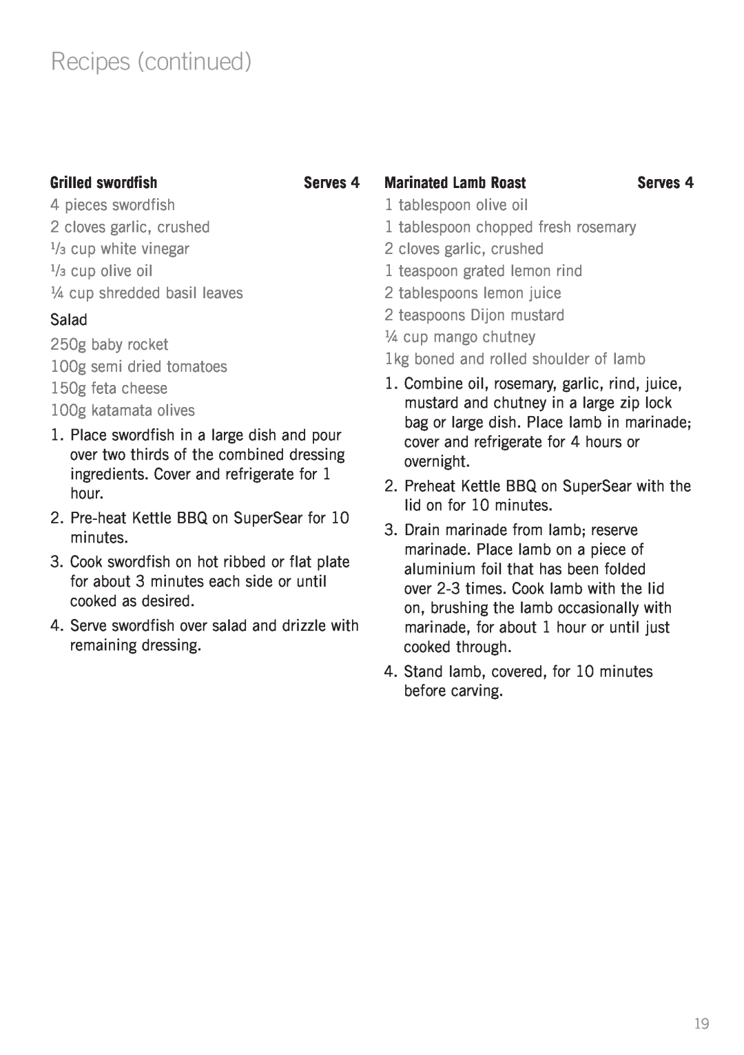 Sunbeam HG5400 manual Grilled swordfish, Marinated Lamb Roast, Recipes continued 