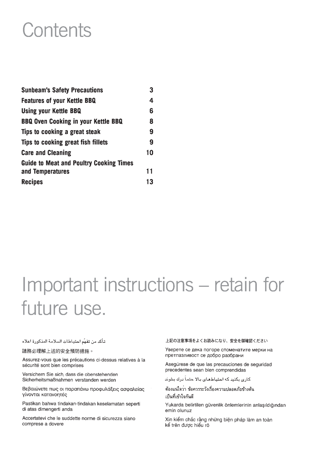 Sunbeam HG5400 Contents, Important instructions - retain for future use, Sunbeam’s Safety Precautions, Care and Cleaning 