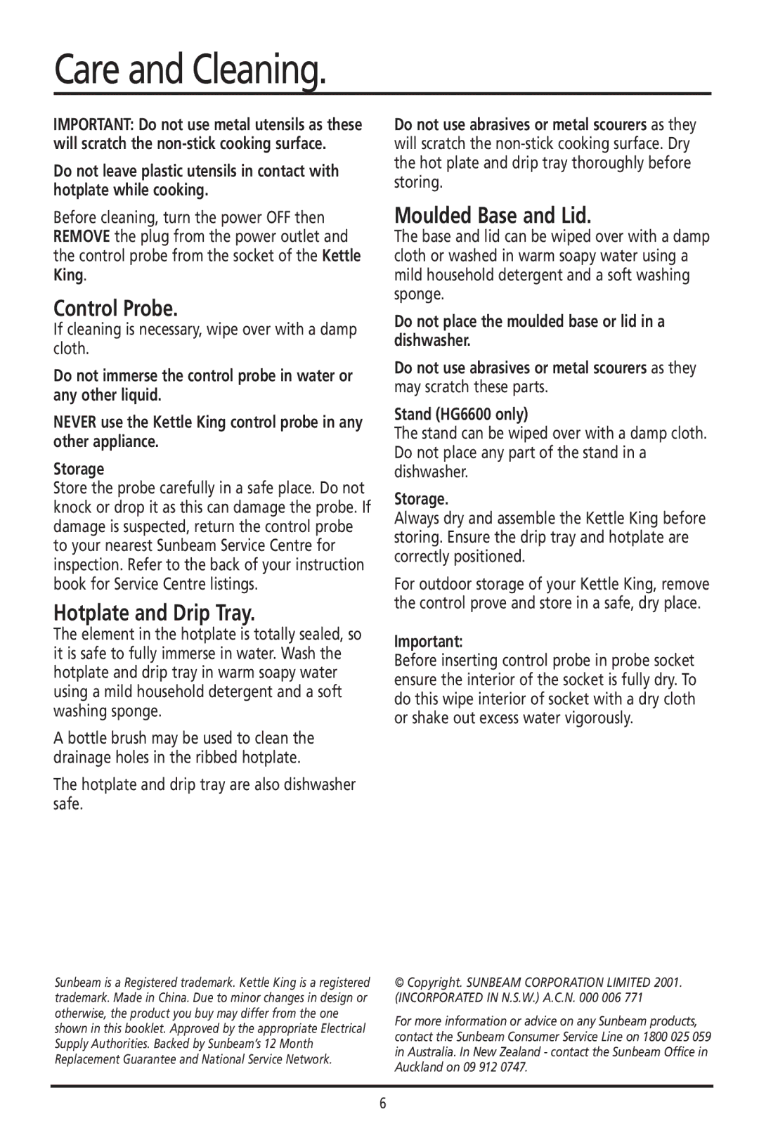 Sunbeam manual Care and Cleaning, Do not place the moulded base or lid in a dishwasher, Stand HG6600 only 