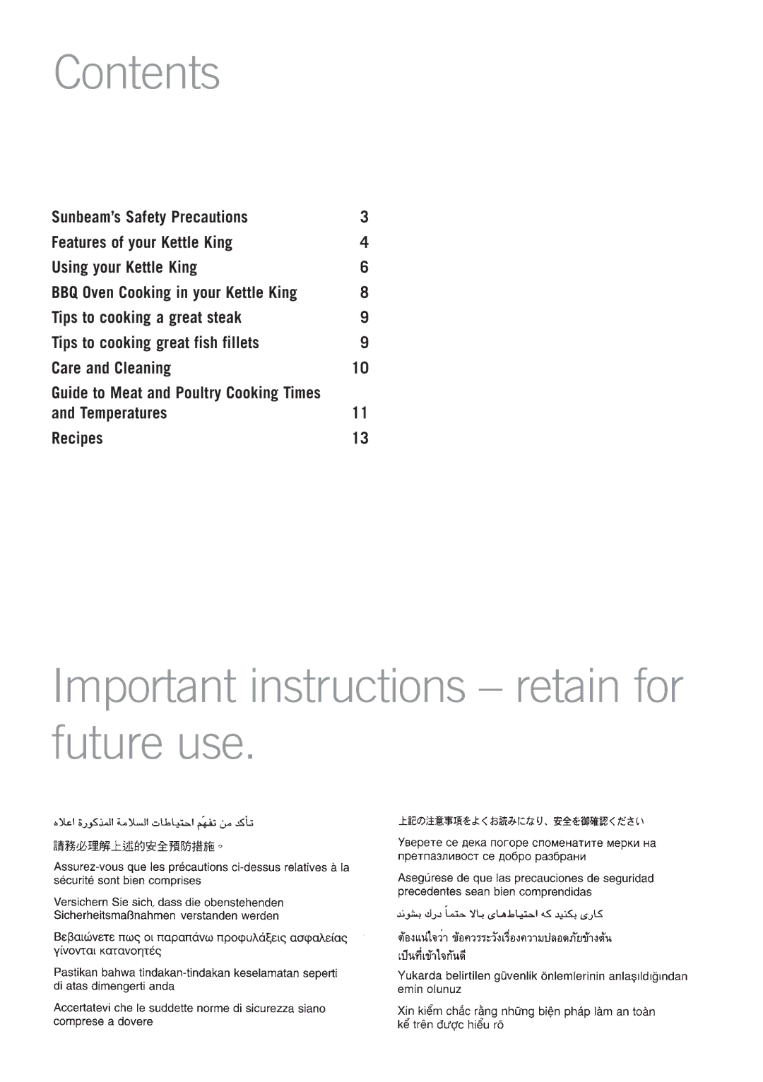 Sunbeam HG6600B manual Contents, Important instructions retain for future use 