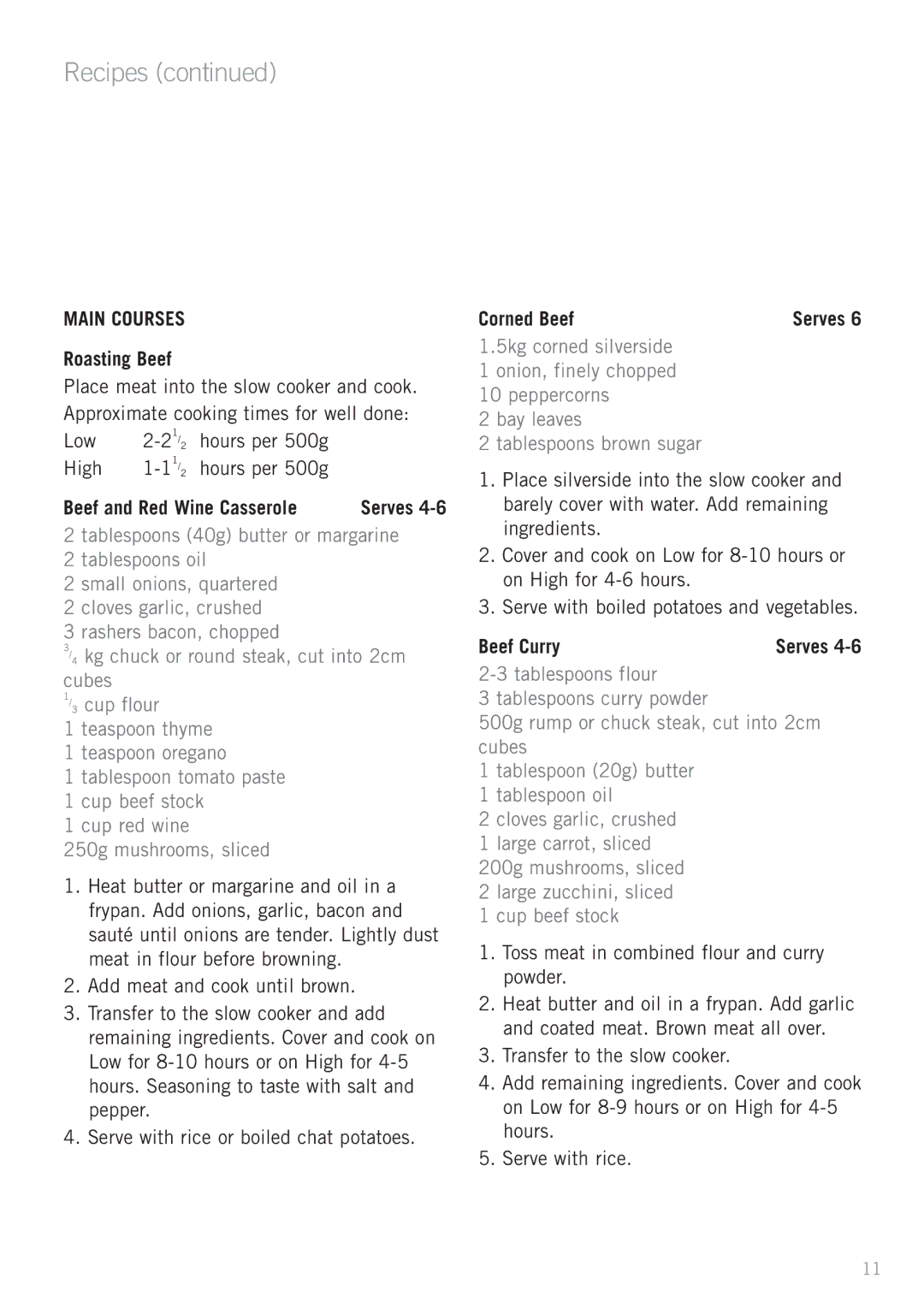 Sunbeam HP2200, HP3400 manual Main Courses, Roasting Beef, Beef and Red Wine Casserole, Corned Beef, Beef Curry 